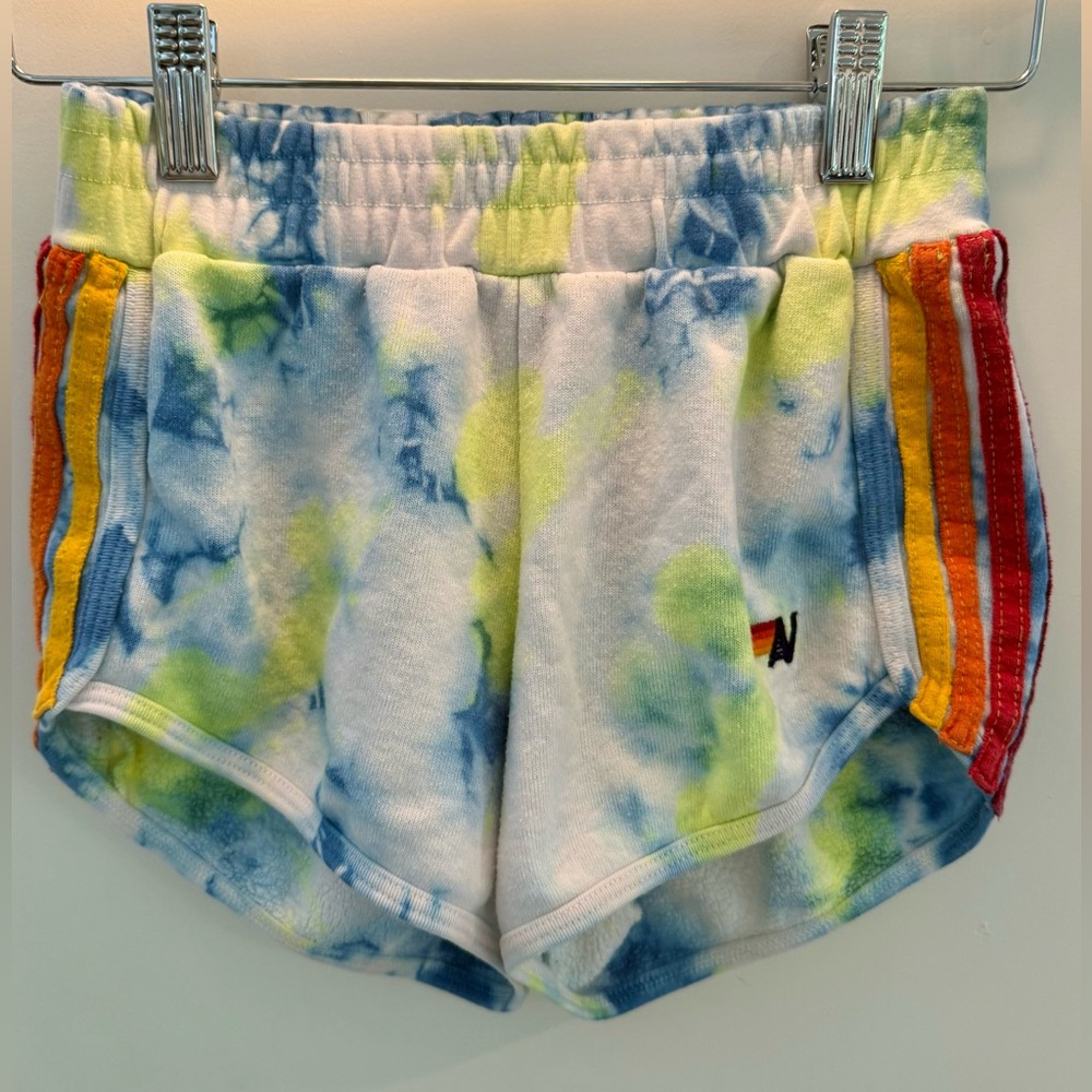 Aviator Nation Kids Blue/Neon Yellow Tie-Dye Jogger Shorts with 4-Stripe sides.